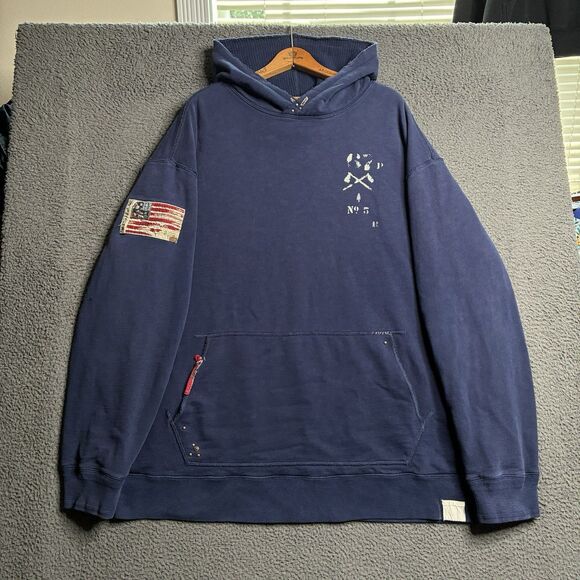 Polo Ralph Lauren Hoodie Mens 4XB Big Blue Sweatshirt Flag Patch Thermal Lined - Picture 1 of 16